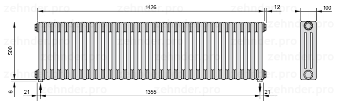 Схема (чертеж) Радиатор Zehnder Charleston 3050/31 №3570 Белый глянцевый RAL 9016